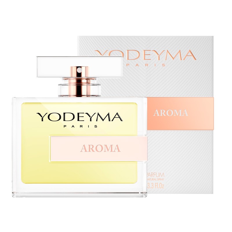 Flacon Yodeyma Aroma 100 ml și cutie, pe fundal deschis