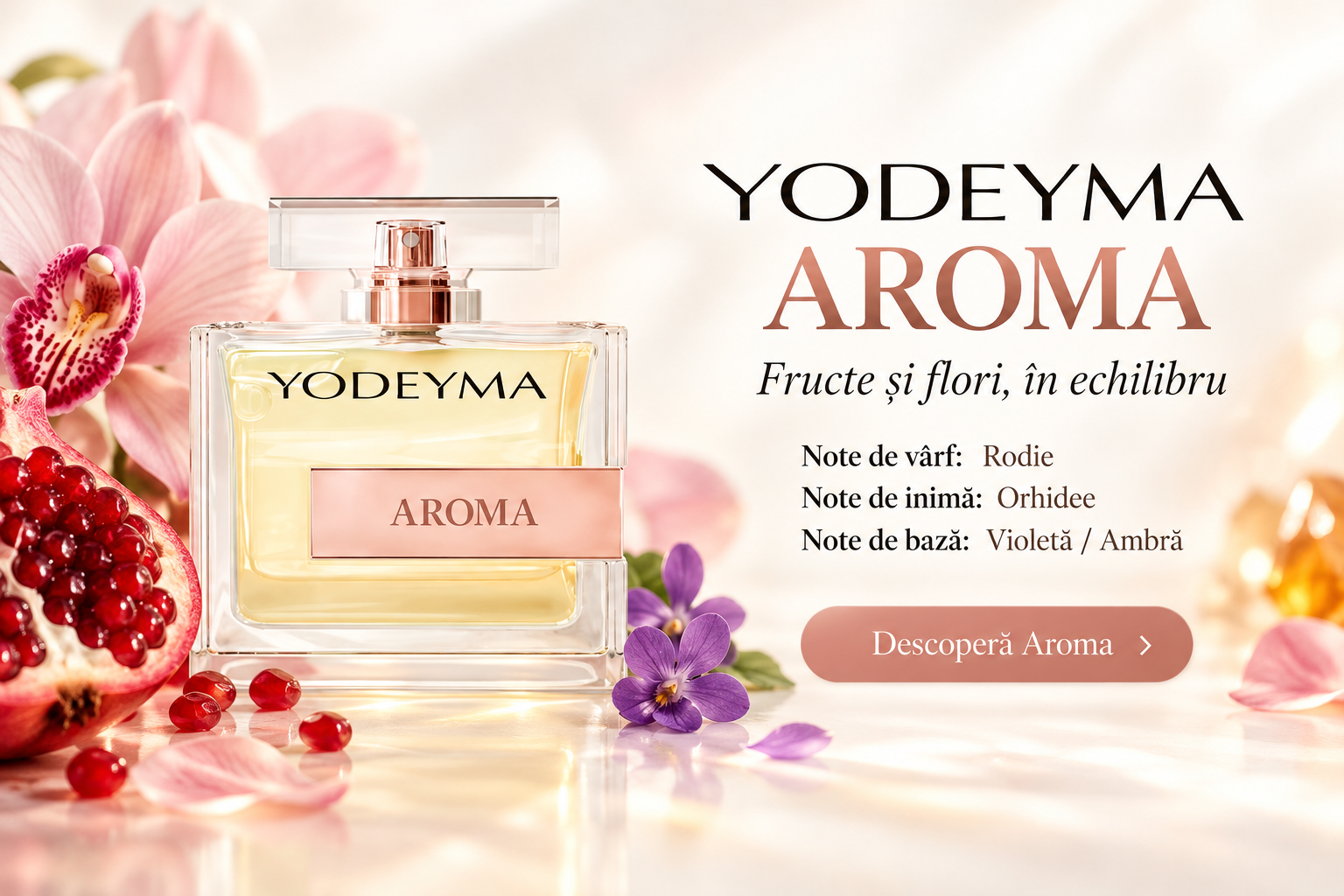 Banner Yodeyma Aroma cu flacon, rodie, orhidee și violete; note de bază violetă / ambră