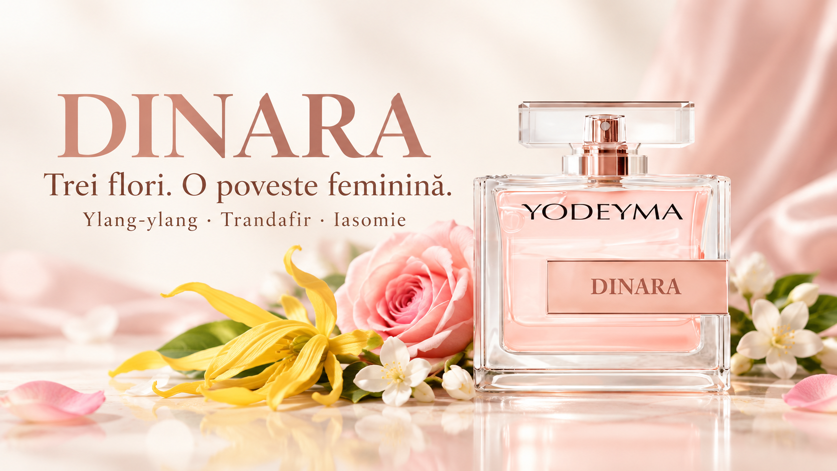 Flacon Yodeyma Dinara cu lichid roz, alături de flori de ylang-ylang, trandafir și iasomie.