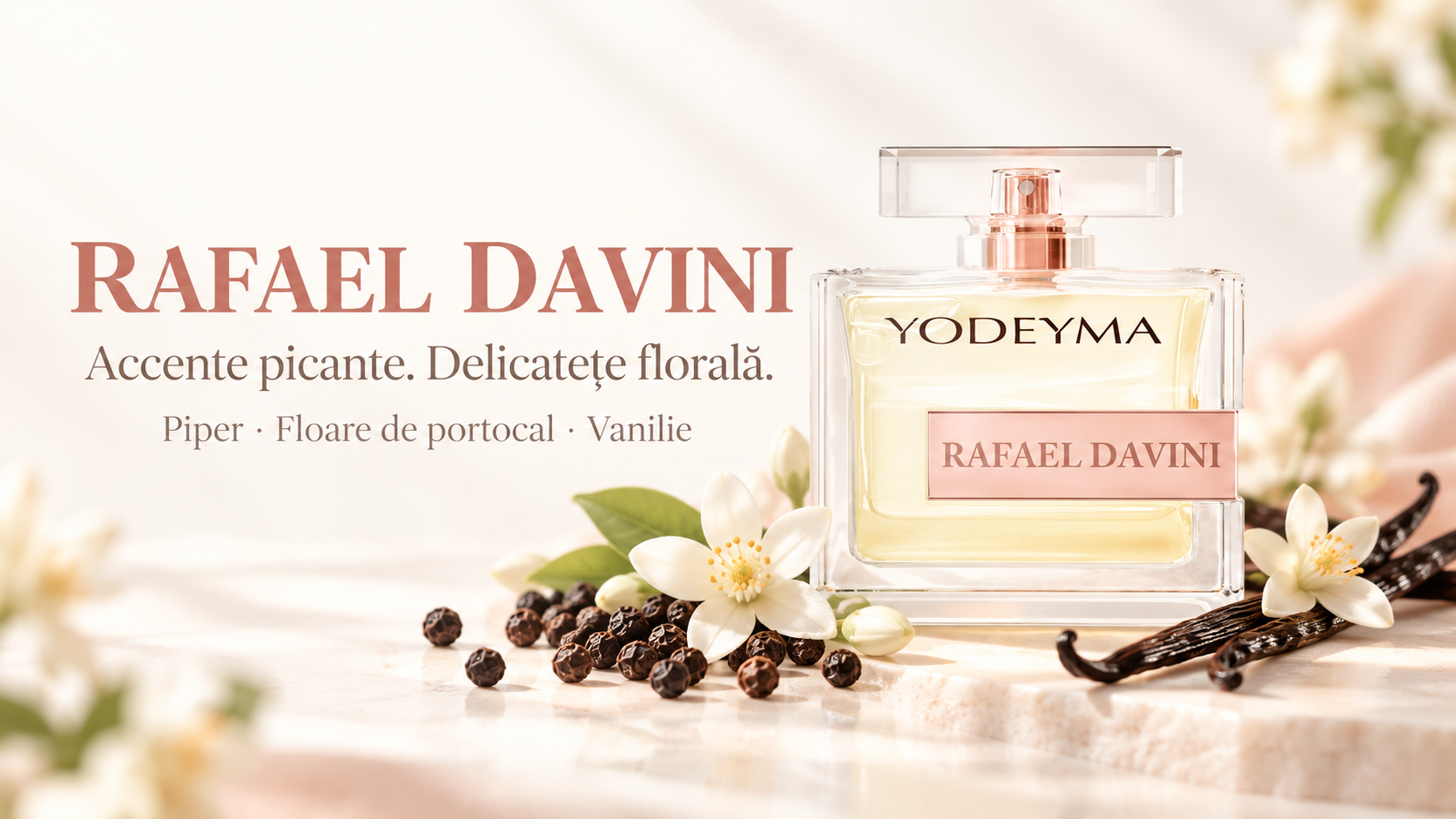Flacon Yodeyma Rafael Davini alături de boabe de piper, flori de portocal și păstăi de vanilie.