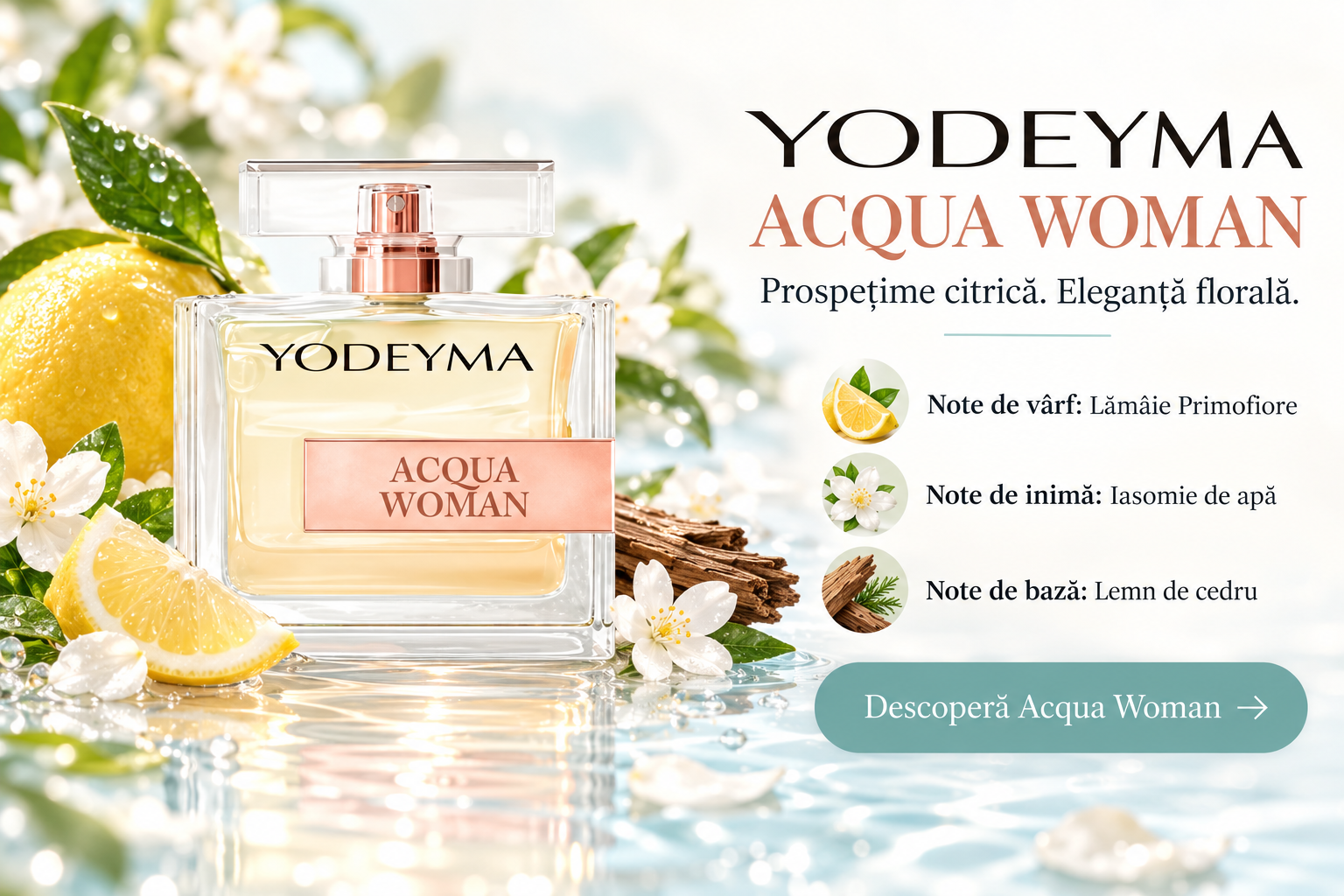 Banner Yodeyma Acqua Woman cu flacon, lămâie, flori și lemn de cedru; note de lămâie Primofiore, iasomie de apă și cedru