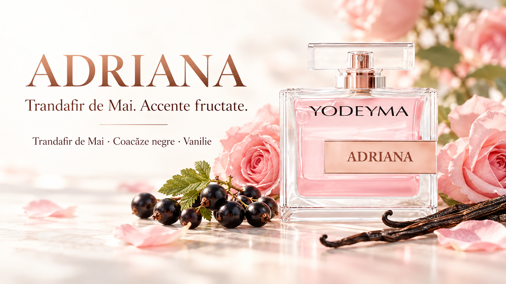 Flacon Yodeyma Adriana cu lichid roz, alături de trandafiri, coacăze negre și păstăi de vanilie.