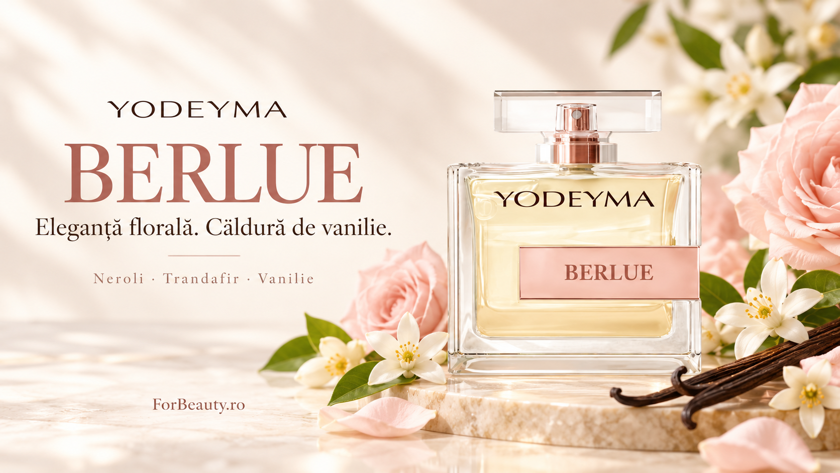 Flacon Yodeyma Berlue lângă trandafiri, flori albe și vanilie