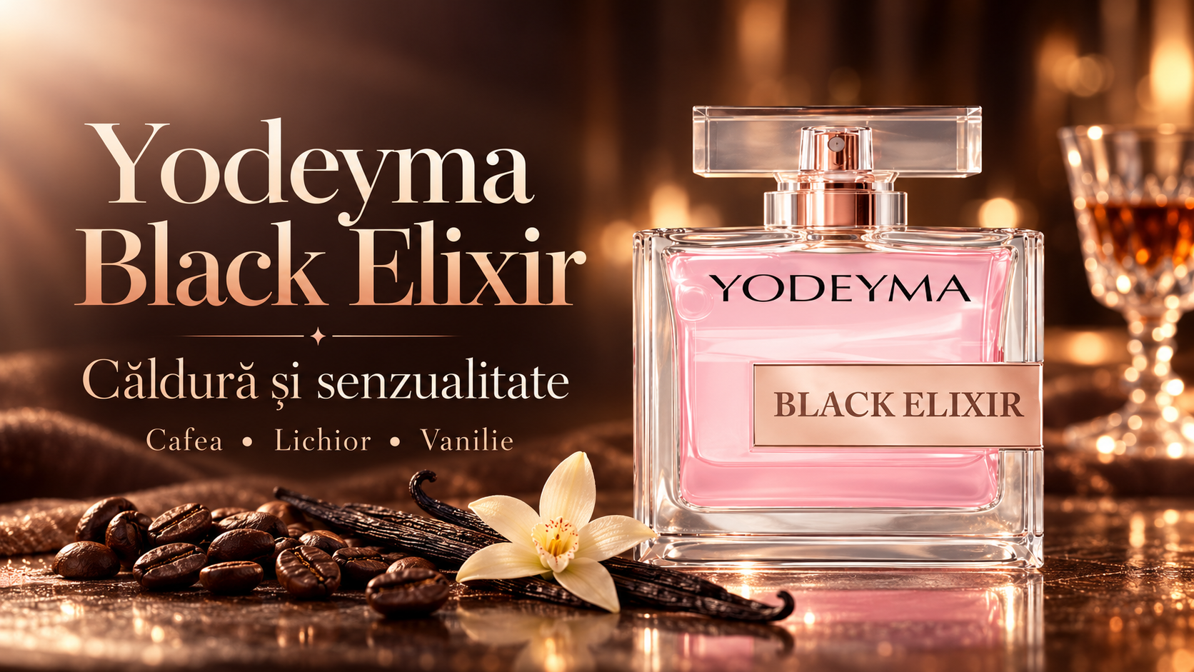 Flacon Yodeyma Black Elixir alături de boabe de cafea, păstăi de vanilie și un pahar cu lichior, într-un decor de seară.