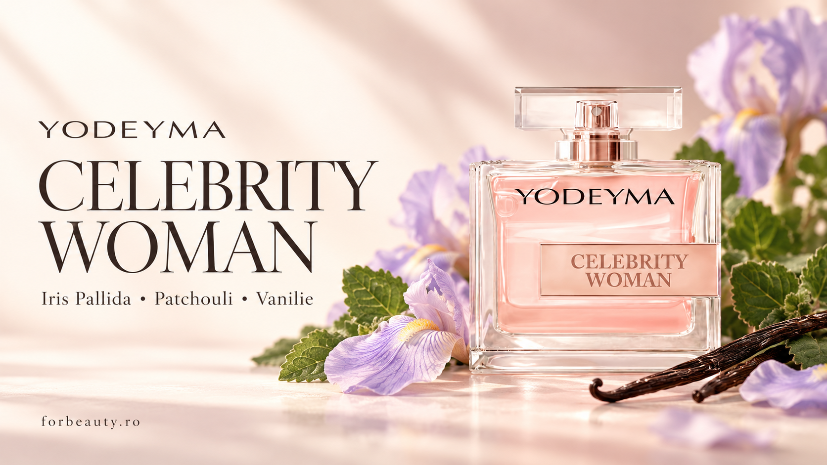 Flacon Yodeyma Celebrity Woman alături de flori de iris, frunze de patchouli și păstăi de vanilie, pe fundal roz pal.