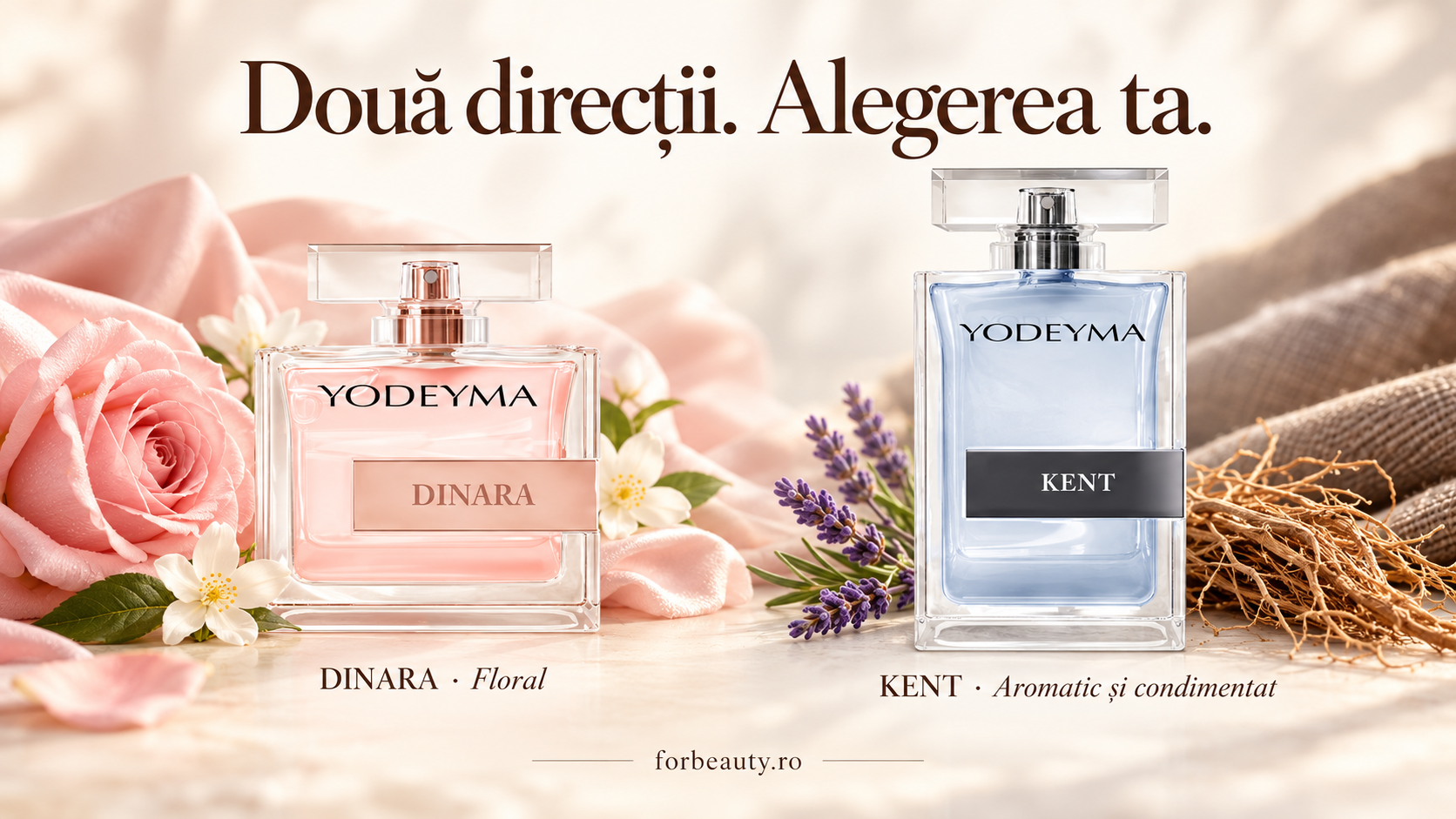 Yodeyma Dinara și Kent într-o compoziție cu trandafir, iasomie, lavandă și rădăcini de vetiver.