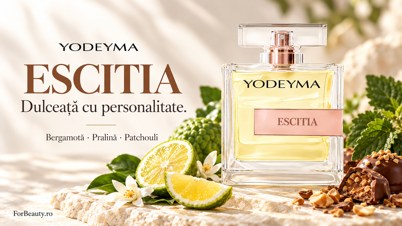 Flacon Yodeyma Escitia lângă bergamotă, praline și frunze verzi