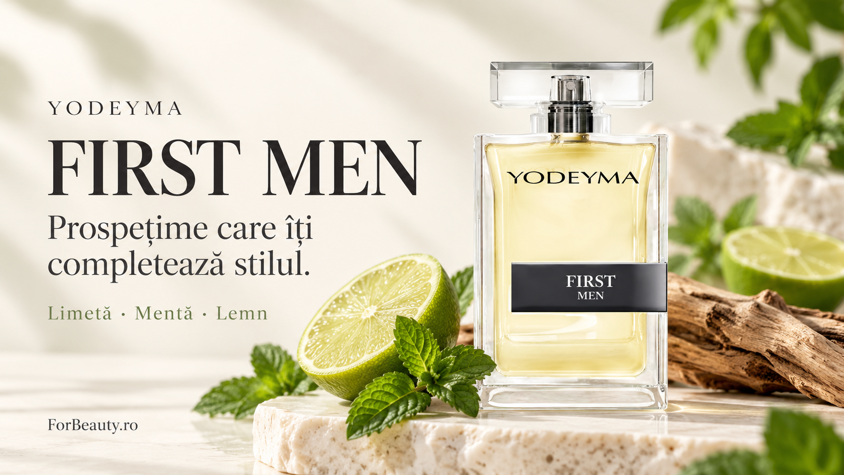Flacon Yodeyma First Men lângă limetă, mentă și lemn