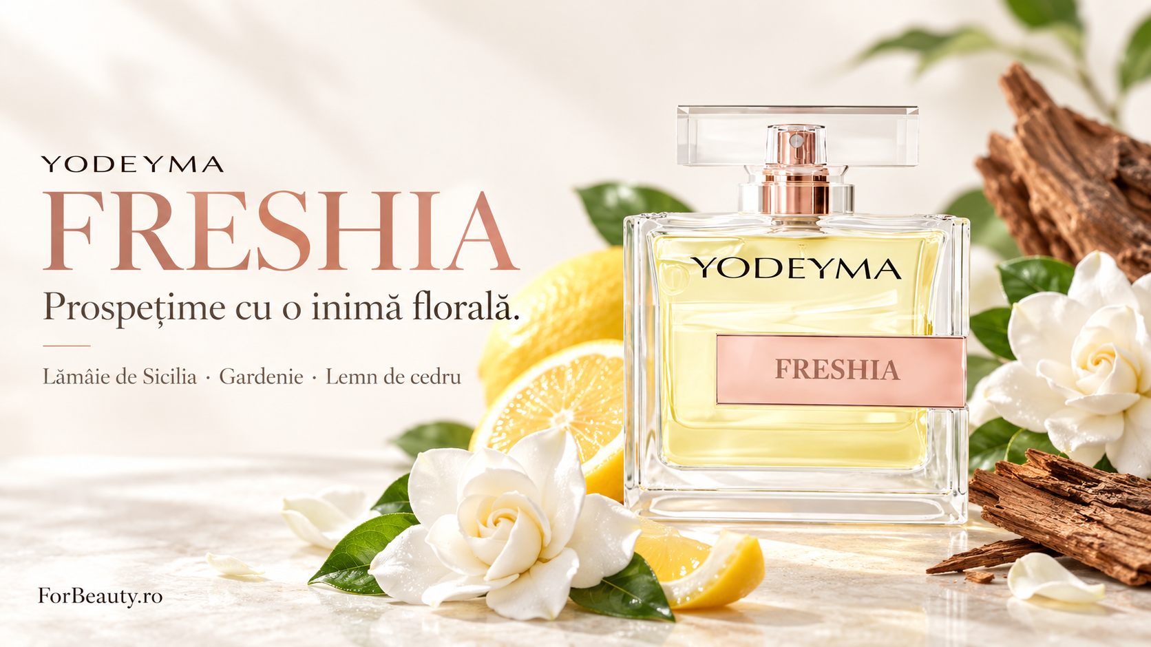 Flacon Yodeyma Freshia lângă lămâi, gardenie și lemn