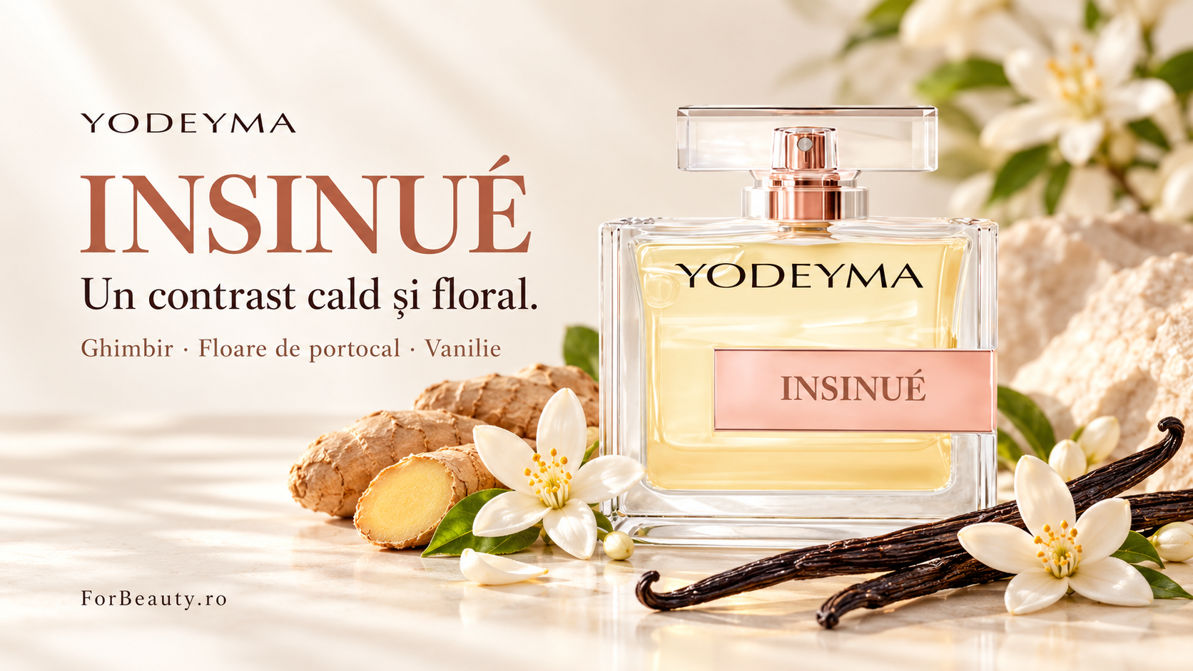 Flacon Yodeyma Insinué lângă ghimbir, flori de portocal și vanilie