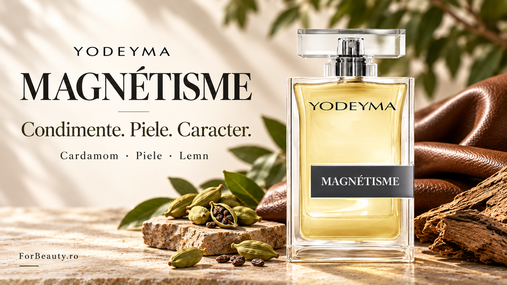 Flacon Yodeyma Magnétisme alături de cardamom, piele și lemn