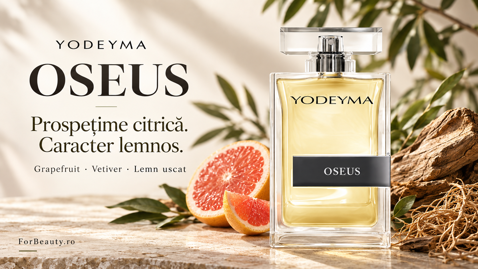 Flacon Yodeyma Oseus alături de grapefruit și lemn uscat