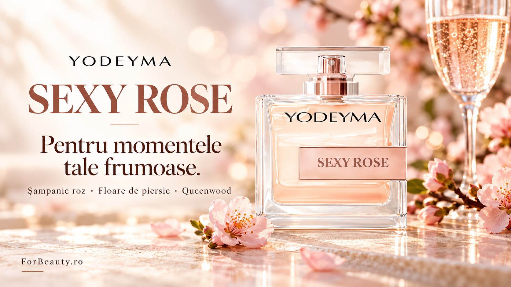 Flacon Yodeyma Sexy Rose cu flori de piersic și un pahar de șampanie roz