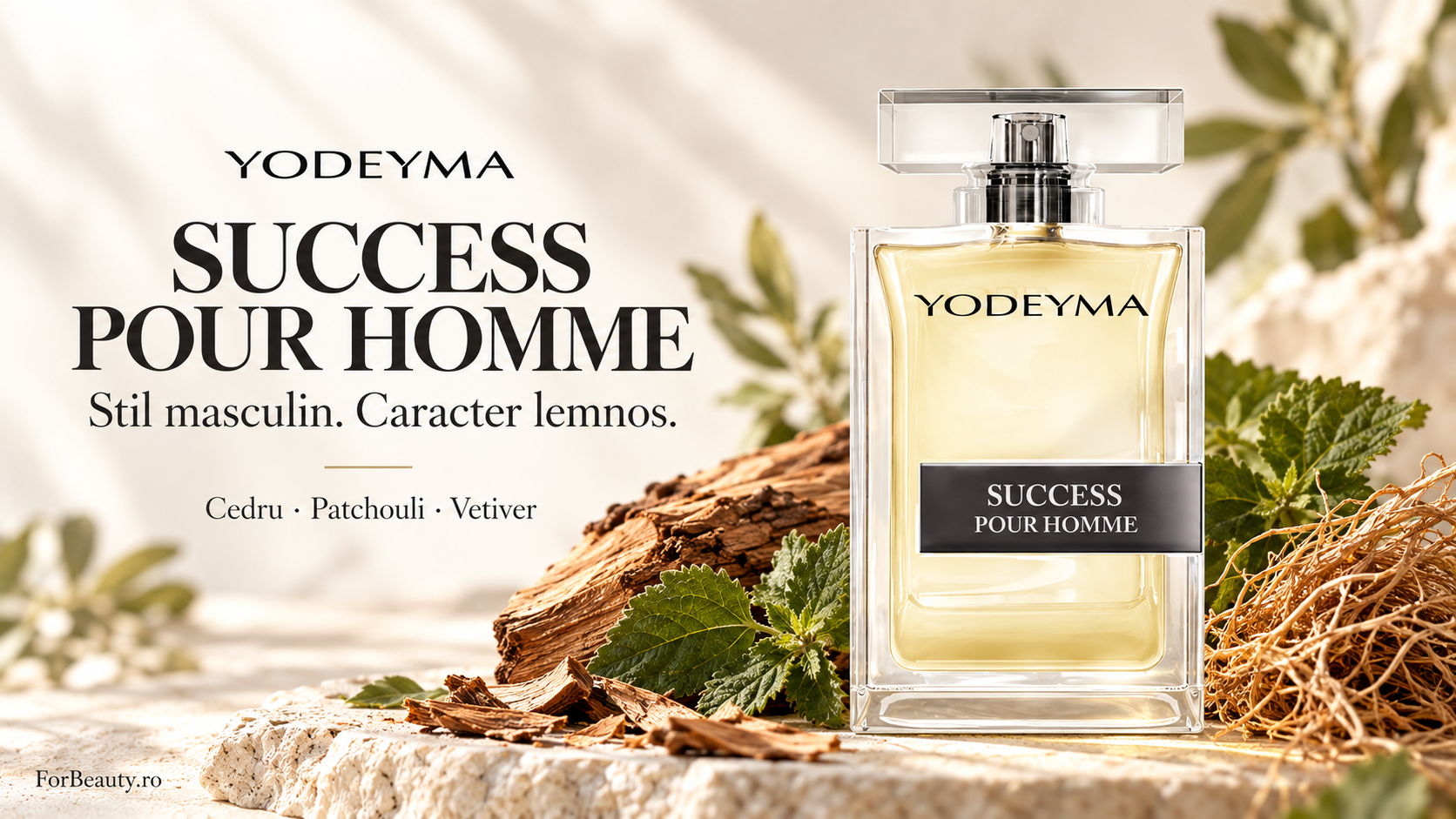 Flacon Yodeyma Success Pour Homme cu lemn, frunze verzi și rădăcini de vetiver