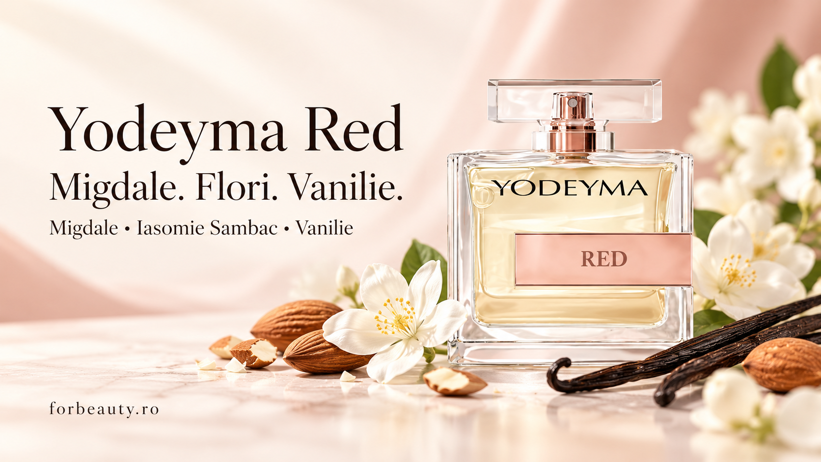 Flacon Yodeyma Red alături de migdale, flori albe și păstăi de vanilie, pe fundal roz pal.